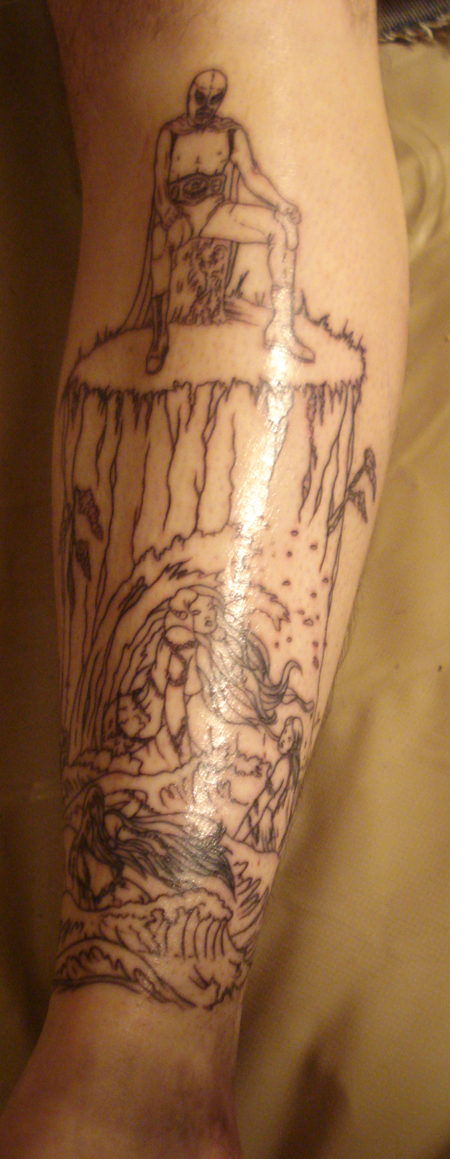 An BIOMECH arm tattoo on the whole left arm (except the part where the anbu